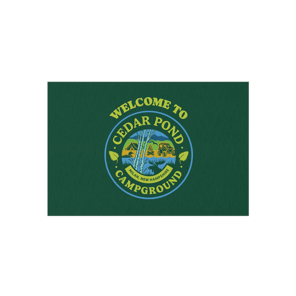 Welcome to Cedar Pond Campground Outdoor Rug — Durable Green Camping Doormat