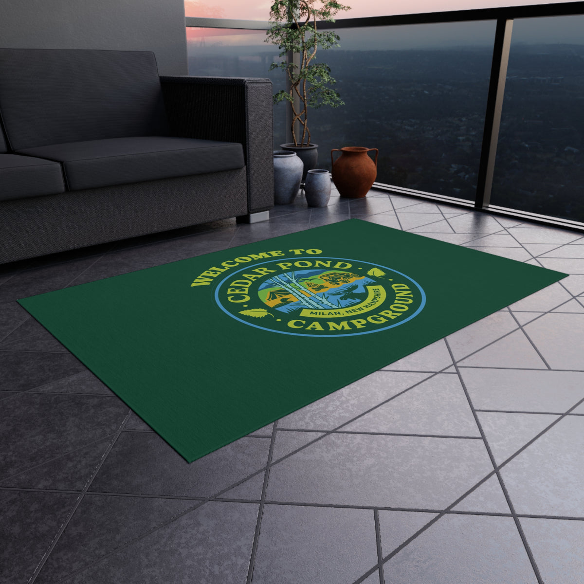 Welcome to Cedar Pond Campground Outdoor Rug — Durable Green Camping Doormat