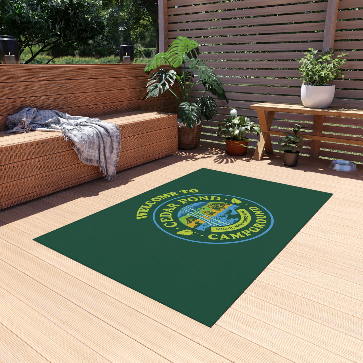 Welcome to Cedar Pond Campground Outdoor Rug — Durable Green Camping Doormat