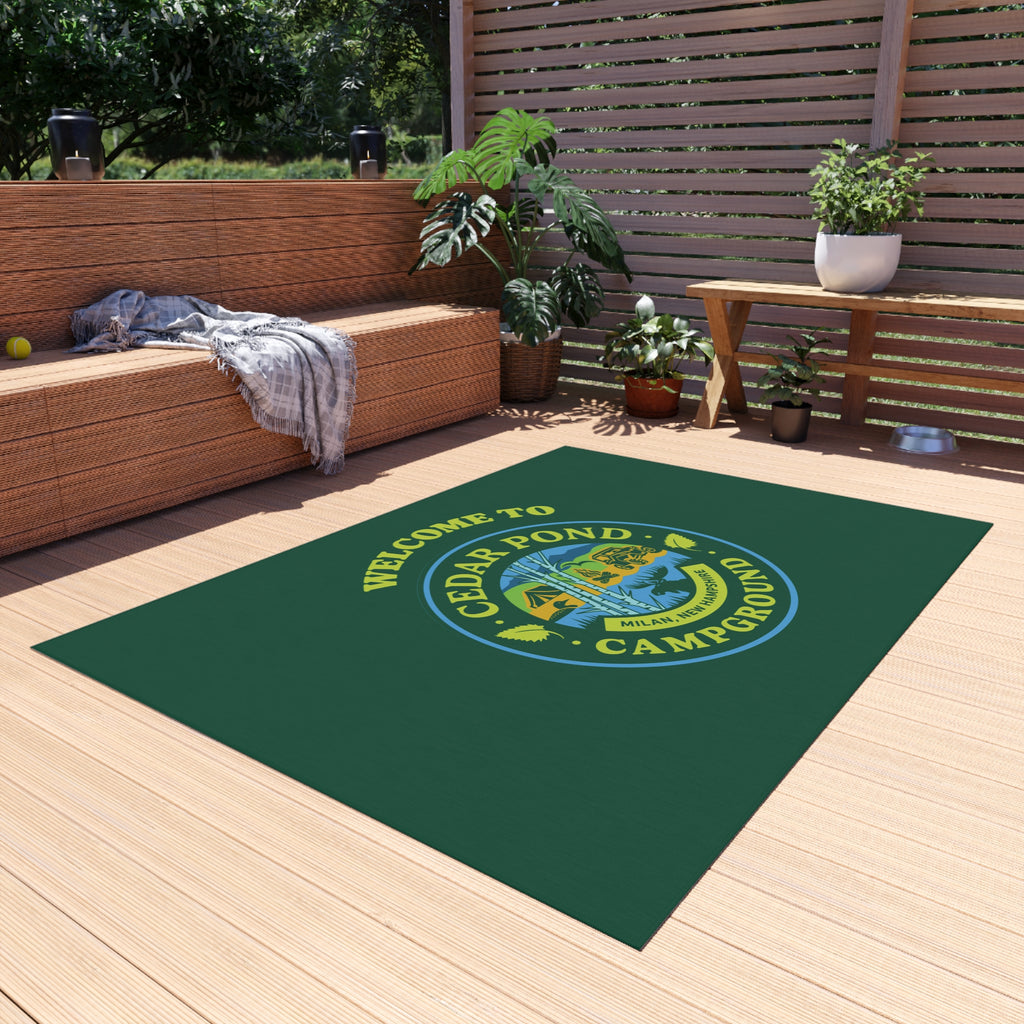 Welcome to Cedar Pond Campground Outdoor Rug — Durable Green Camping Doormat