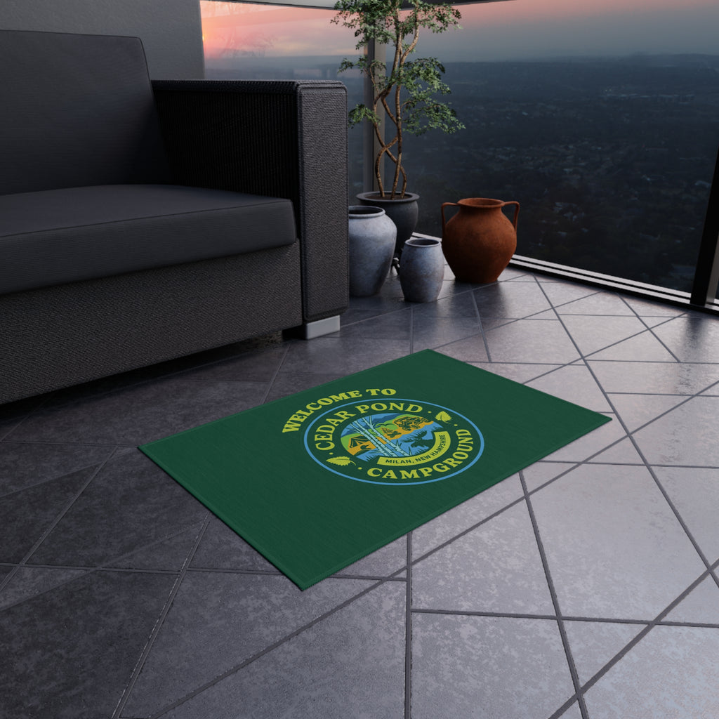 Welcome to Cedar Pond Campground Outdoor Rug — Durable Green Camping Doormat