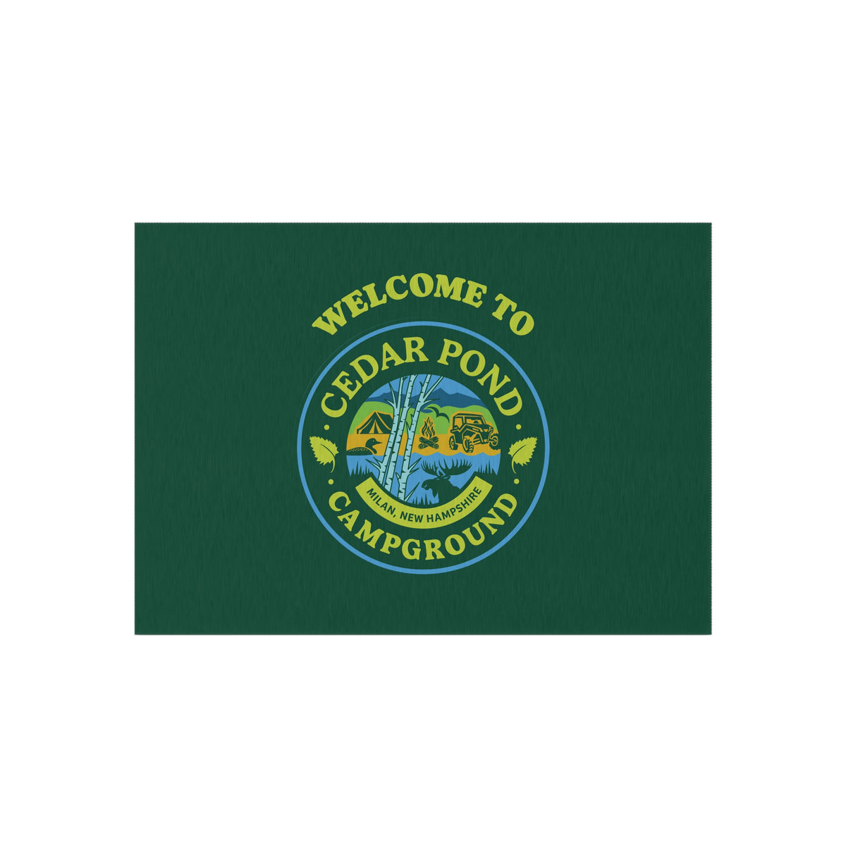 Welcome to Cedar Pond Campground Outdoor Rug — Durable Green Camping Doormat