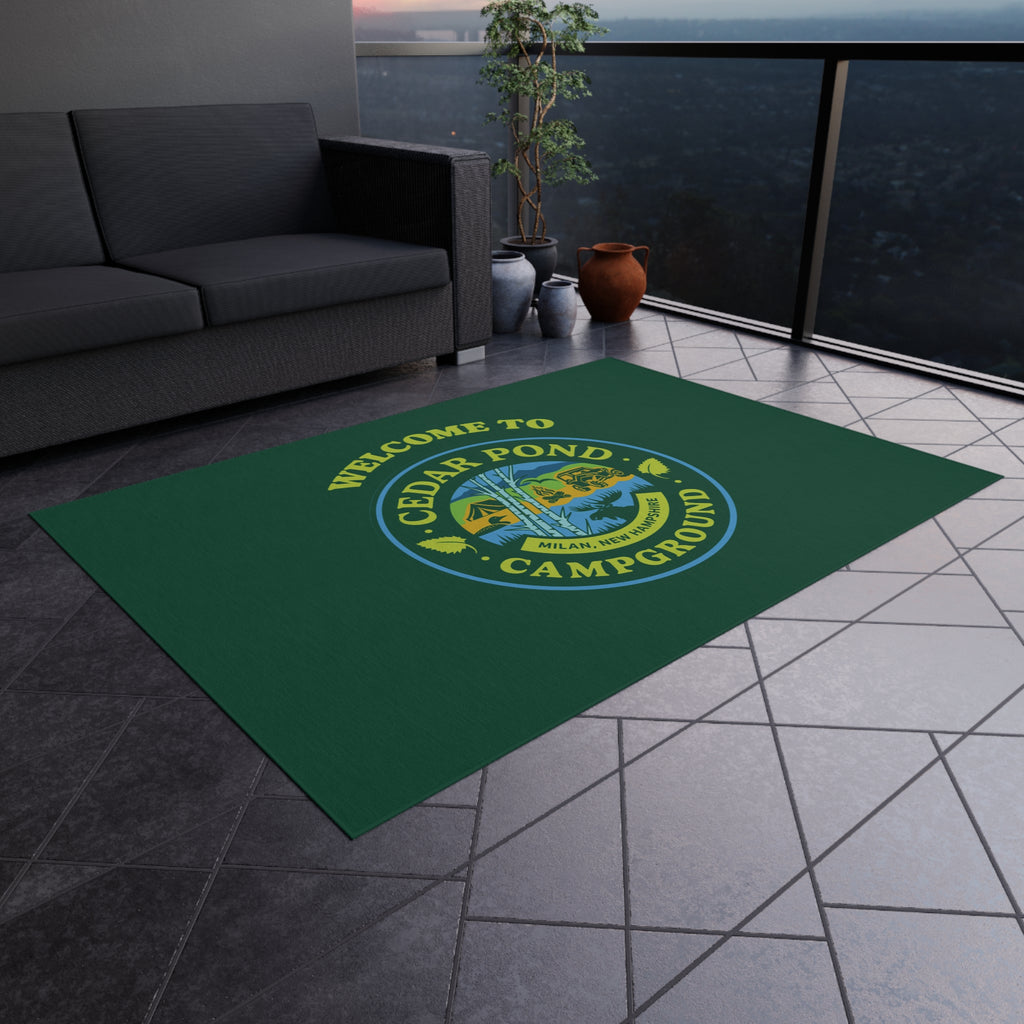 Welcome to Cedar Pond Campground Outdoor Rug — Durable Green Camping Doormat