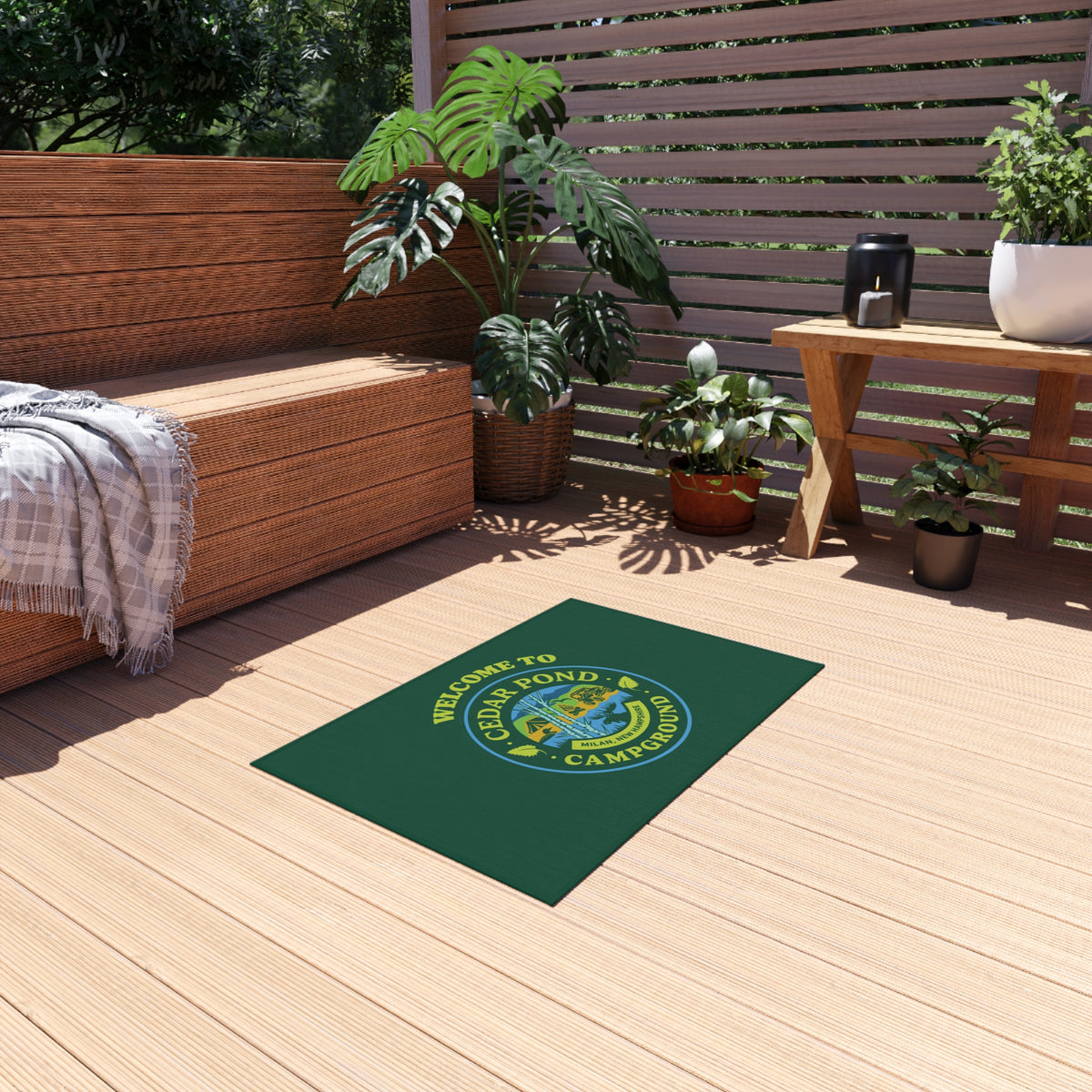 Welcome to Cedar Pond Campground Outdoor Rug — Durable Green Camping Doormat
