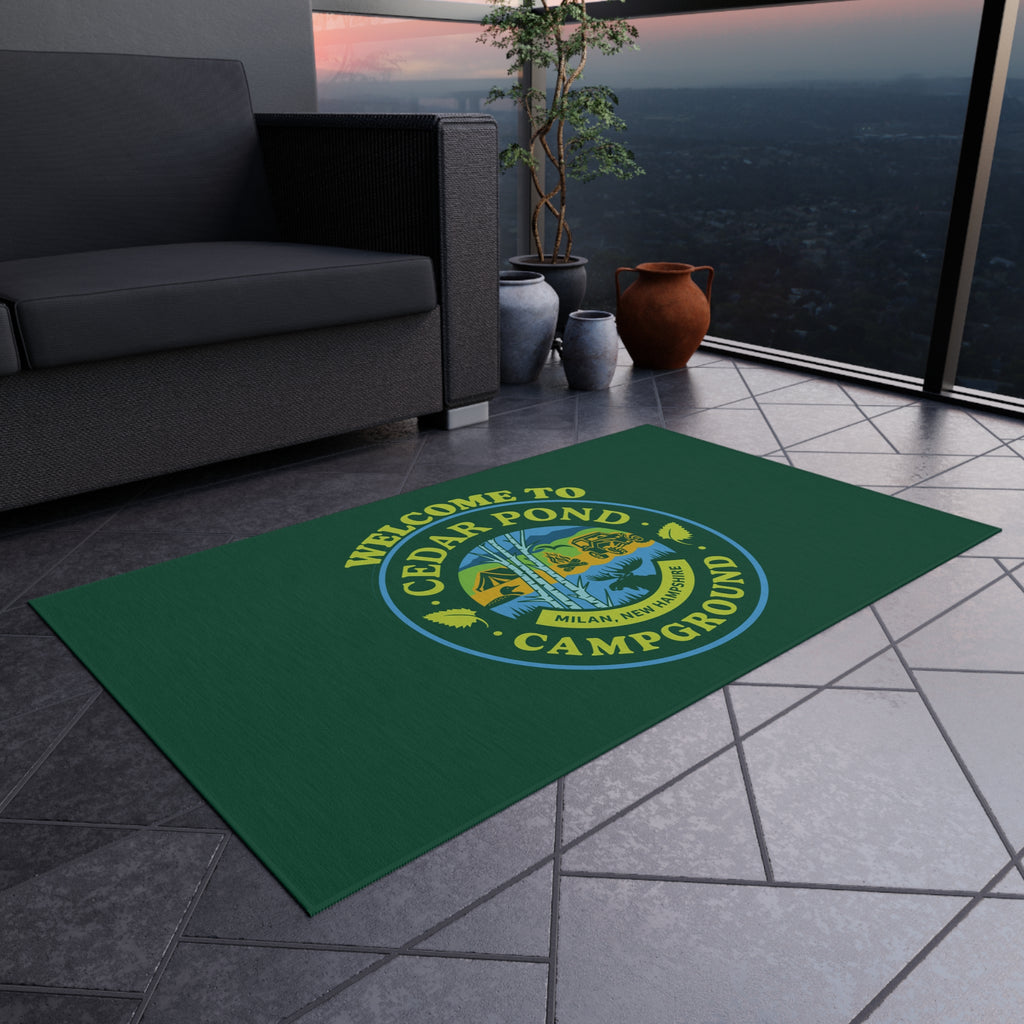 Welcome to Cedar Pond Campground Outdoor Rug — Durable Green Camping Doormat