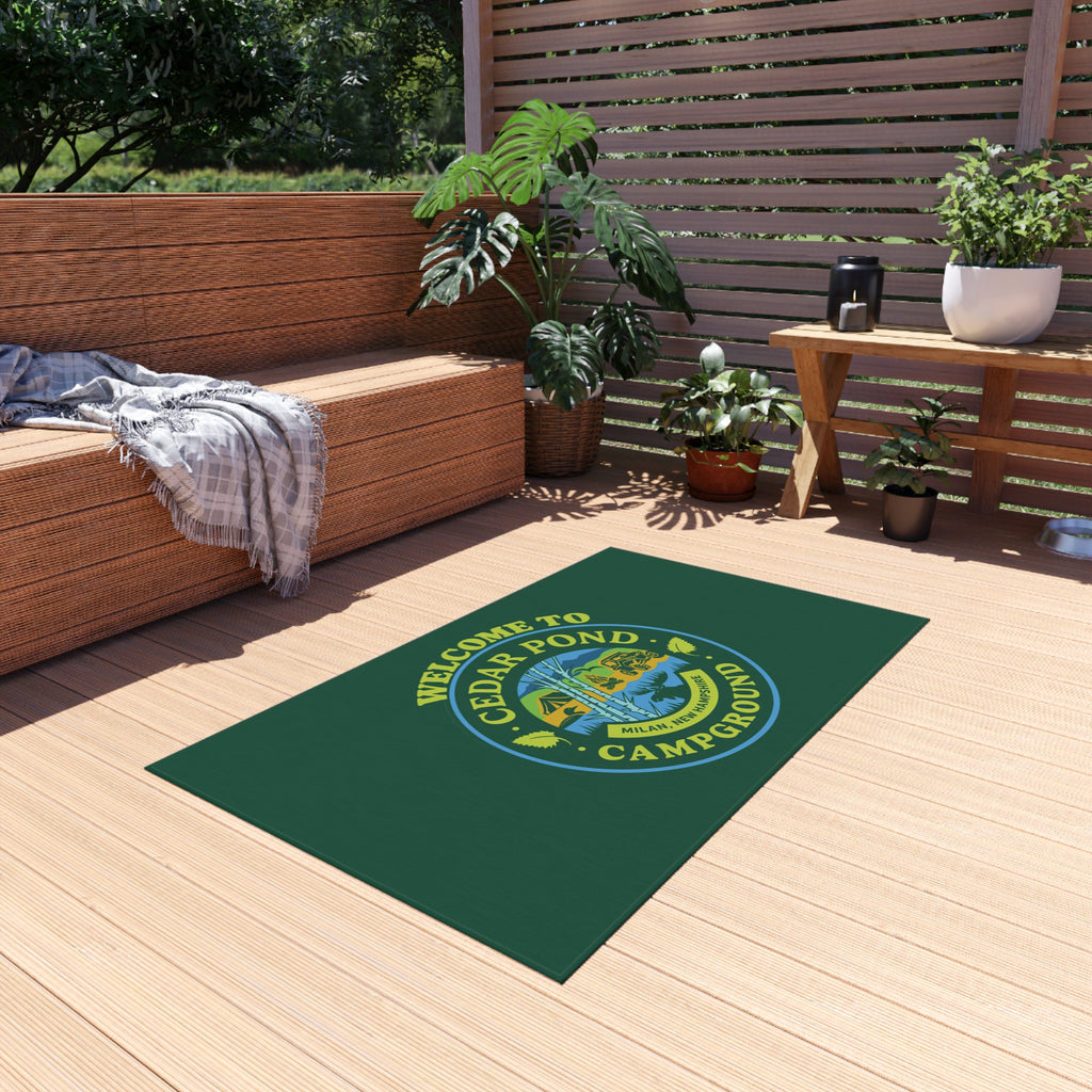 Welcome to Cedar Pond Campground Outdoor Rug — Durable Green Camping Doormat