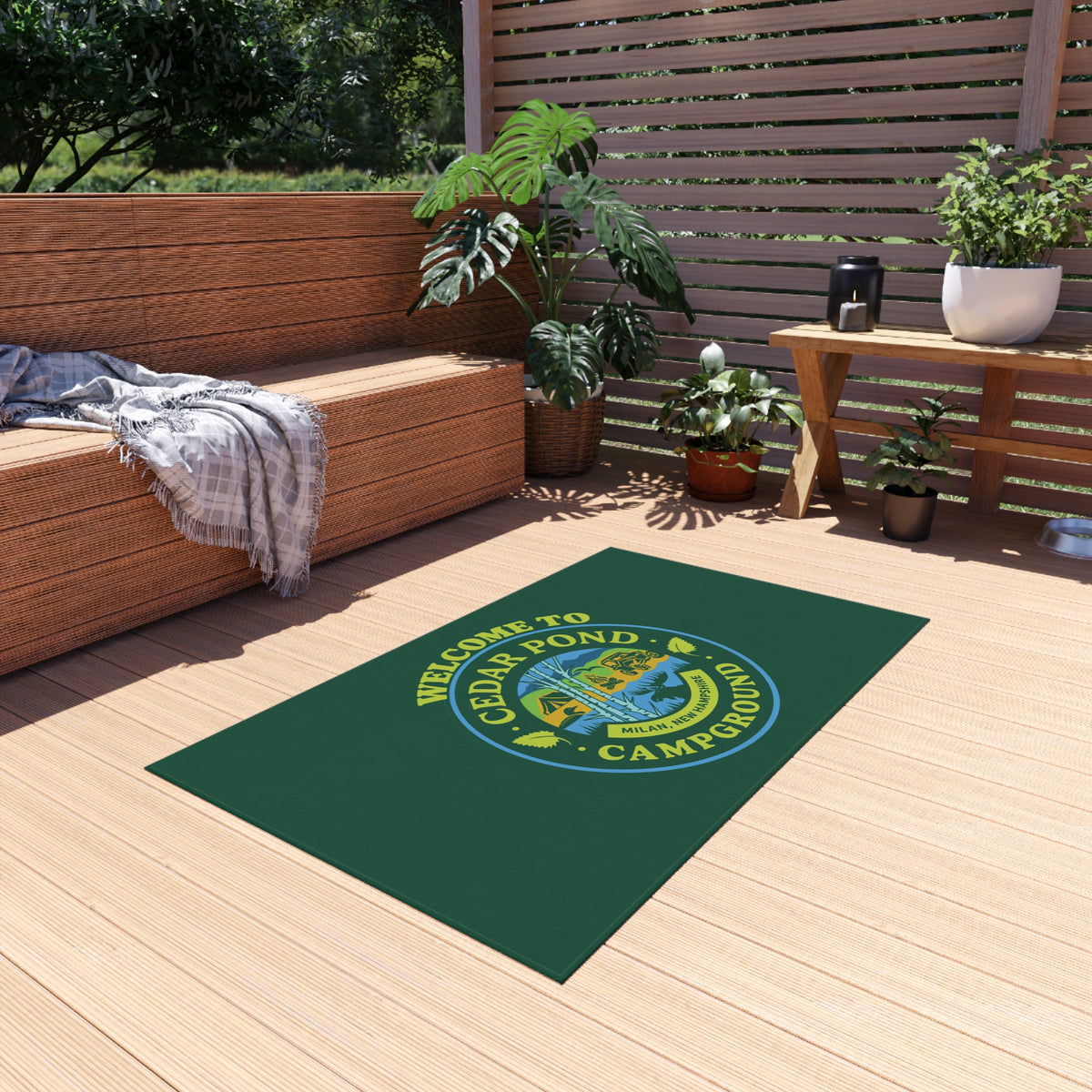 Welcome to Cedar Pond Campground Outdoor Rug — Durable Green Camping Doormat